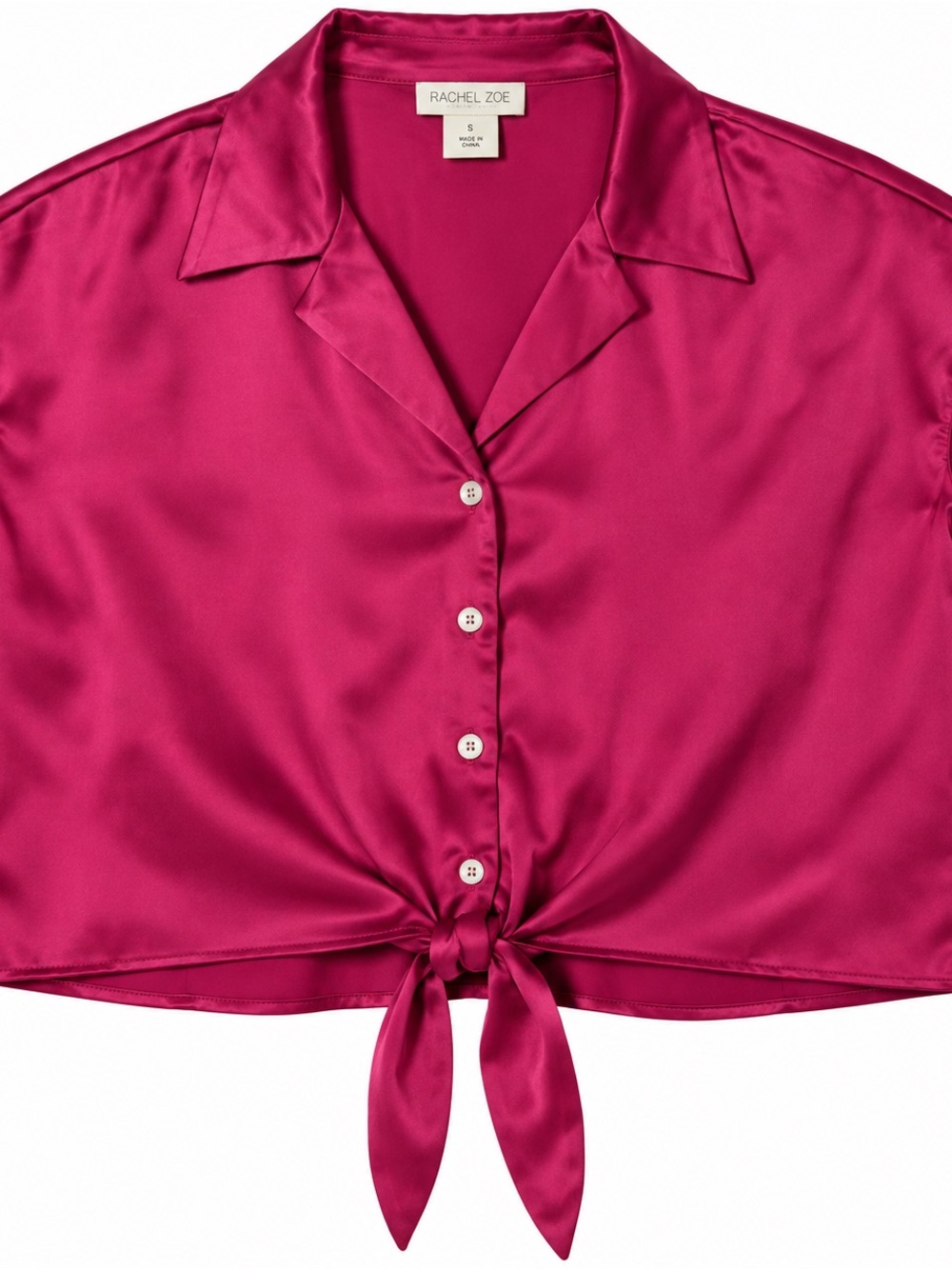 Rachel Zoe Magenta Satin Tie-Front Button Down Shirt